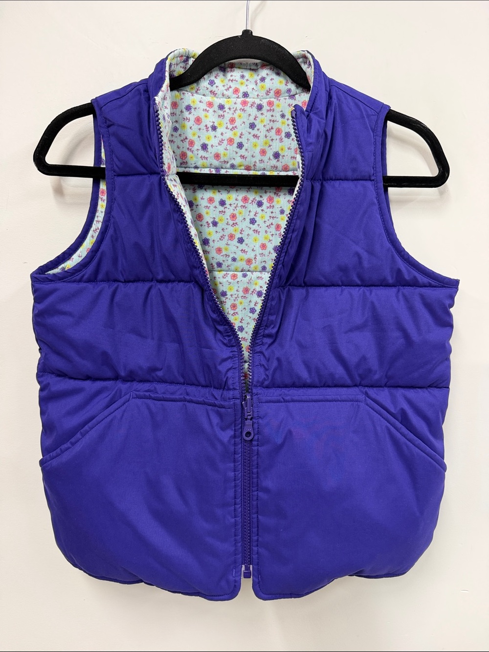 Hanna Andersson Bright Purple Quilted Puffer Vest with Floral Lining reversible